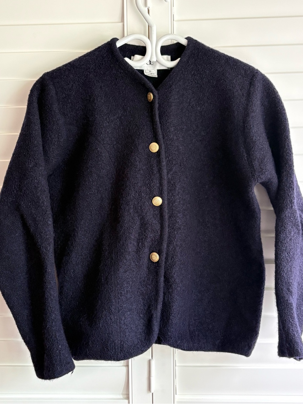boiled wool cardigan, navy blue, vintage, small
